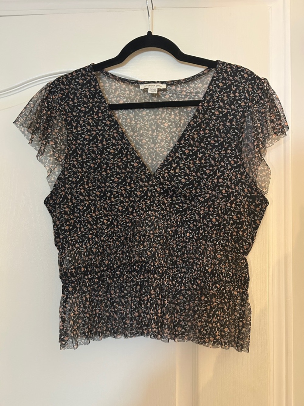 Floral V-Neck Ruffle Sleeve Blouse - Black with Pink Print